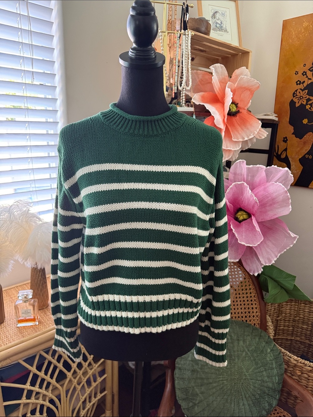 J. Crew Green & White Striped Cotton Roll Neck Sweater
